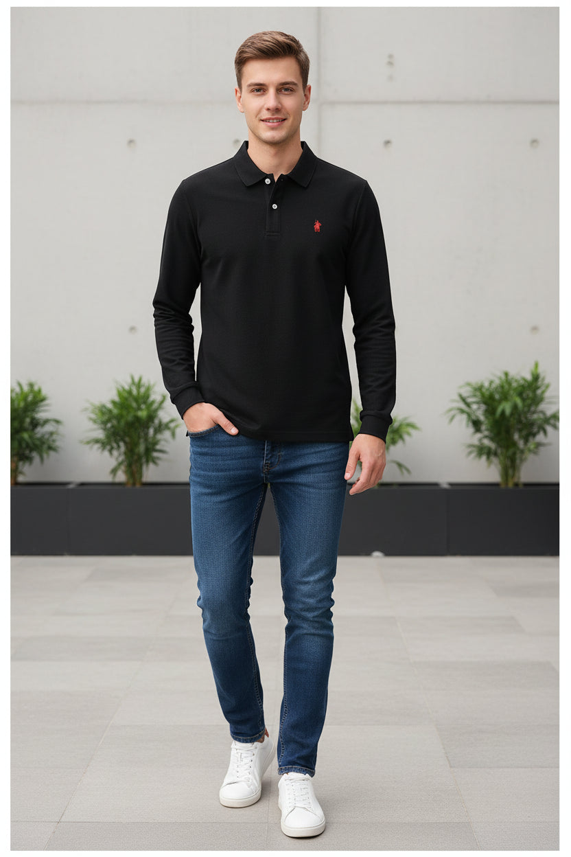 Black polo shirt with a red logo on a hanger