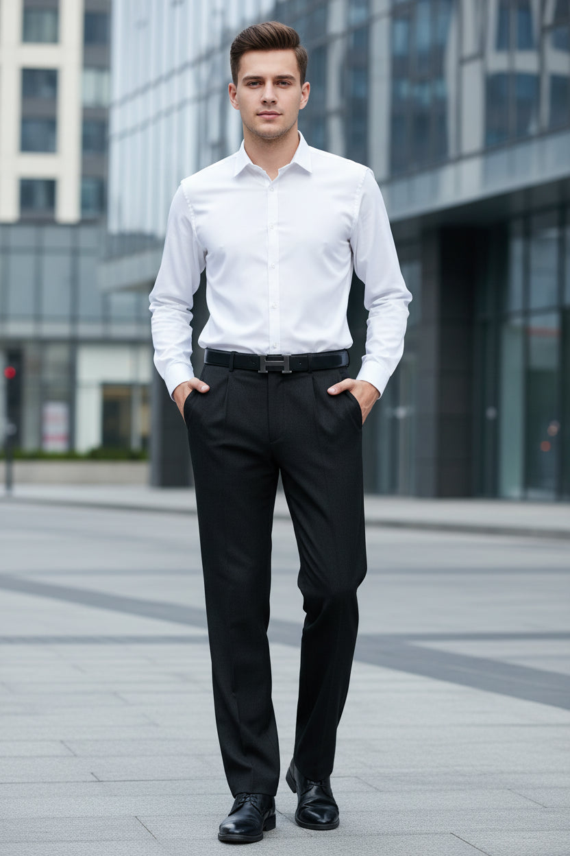 Dark gray pleated pants on a white background with text indicating single pleat and standard thickness for all seasons.