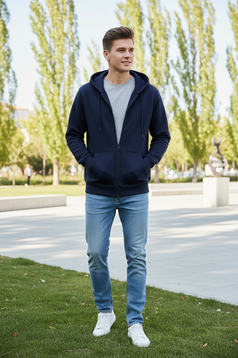 Navy blue hoodie on a white background