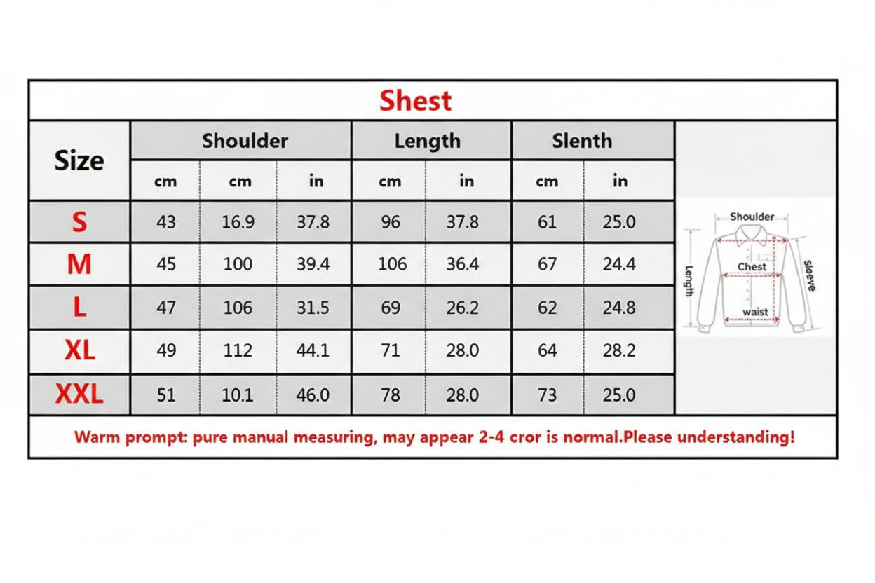 Size chart for a garment with measurements in centimeters and inches.