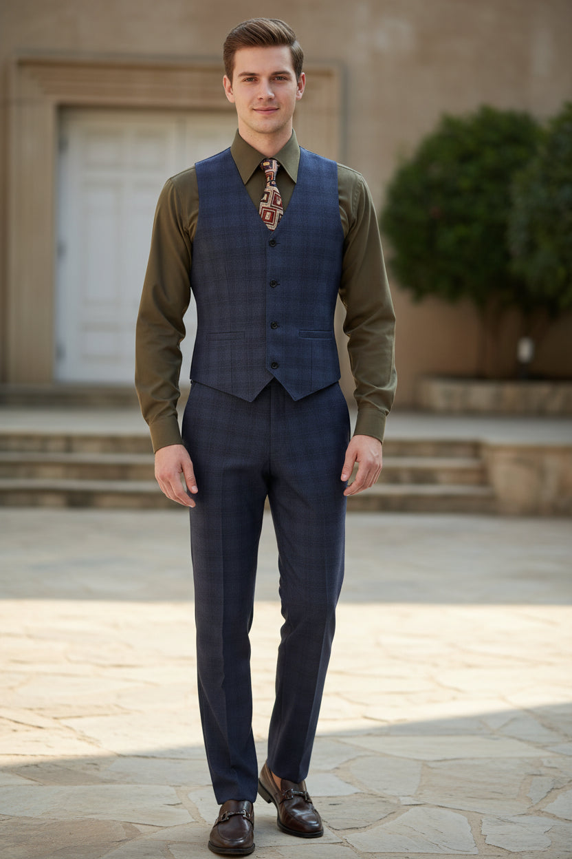 Men's suit with vest, shirt, and pants on a mannequin against a neutral background.