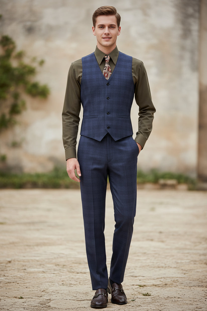 Men's suit with vest, shirt, and pants on a mannequin against a neutral background.