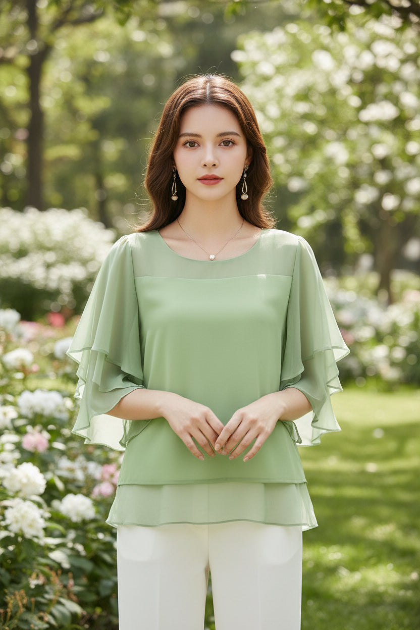 Woman wearing a light green blouse with ruffled sleeves on a beige background