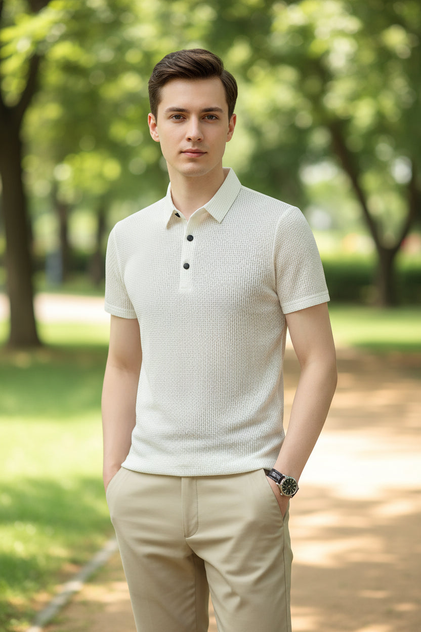 Man wearing a light gray textured polo shirt with black buttons on a gray background