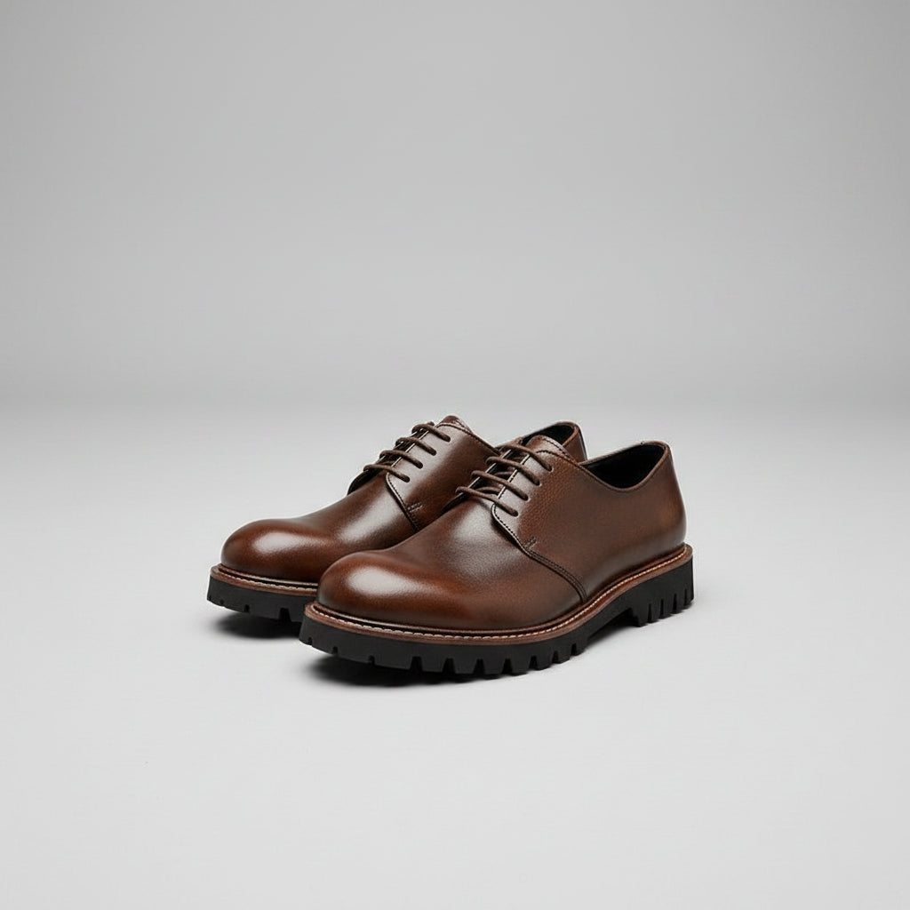 Pair of brown leather shoes on a wooden surface with a matching handbag in the background.