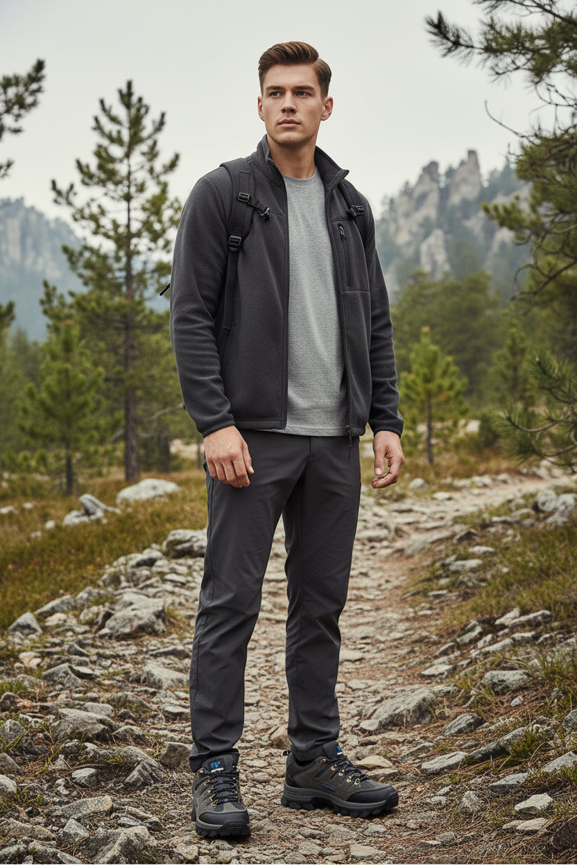 Pair of gray hiking shoes with black soles on a white background