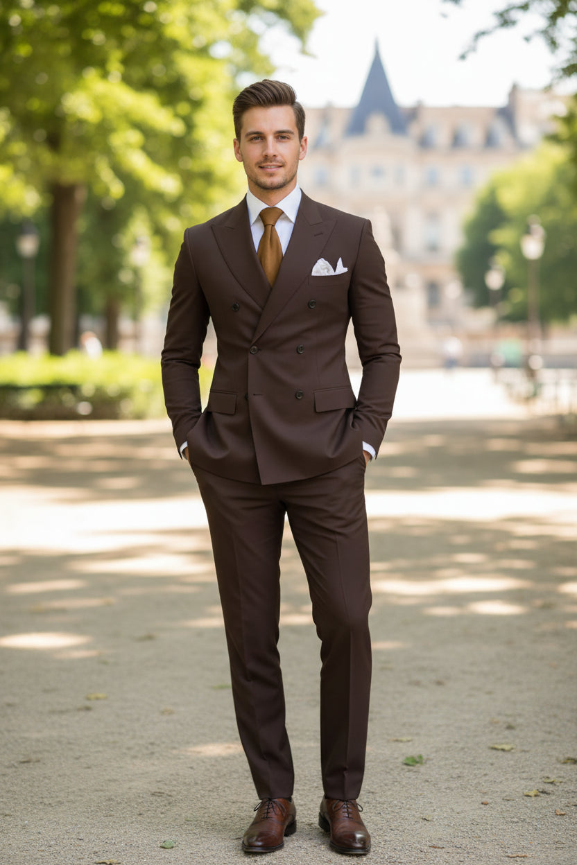 Brown suit with a white shirt and brown tie on a white background