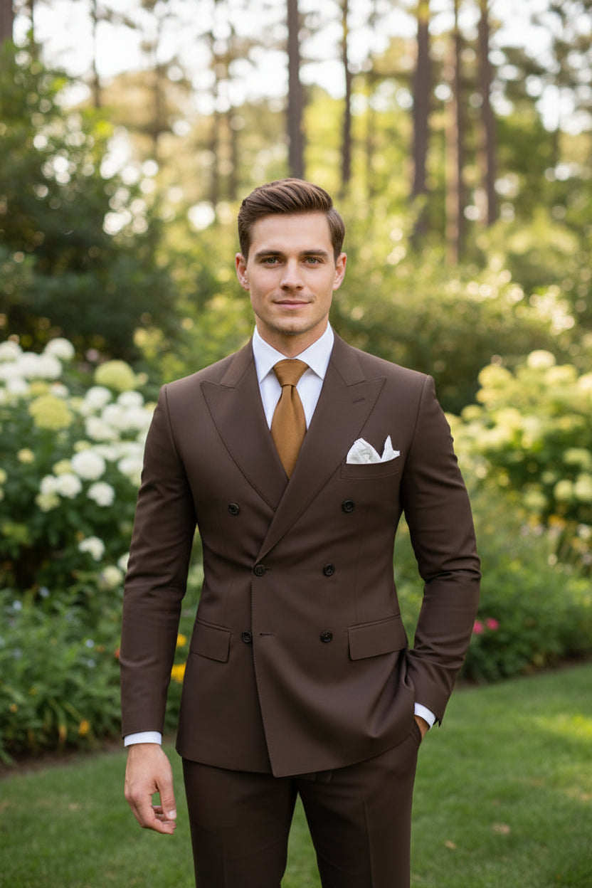 Brown suit with a white shirt and brown tie on a white background
