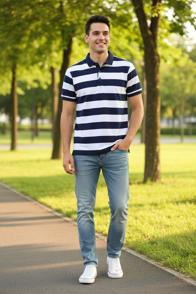 Blue and white striped polo shirt on a gray background