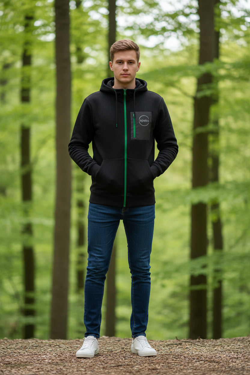 Black hoodie with green zippers and Apeks logo on front and back