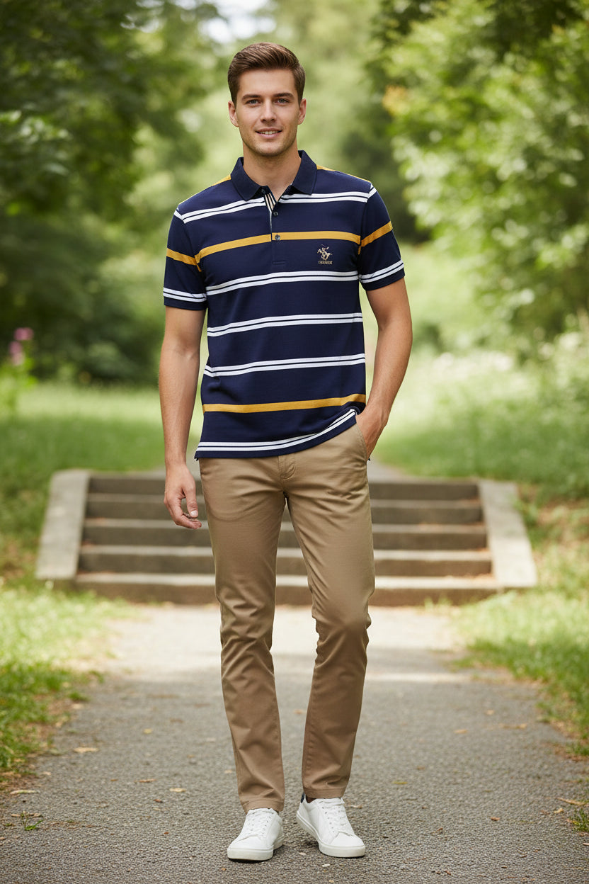 Navy blue polo shirt with yellow and white stripes on a gray background