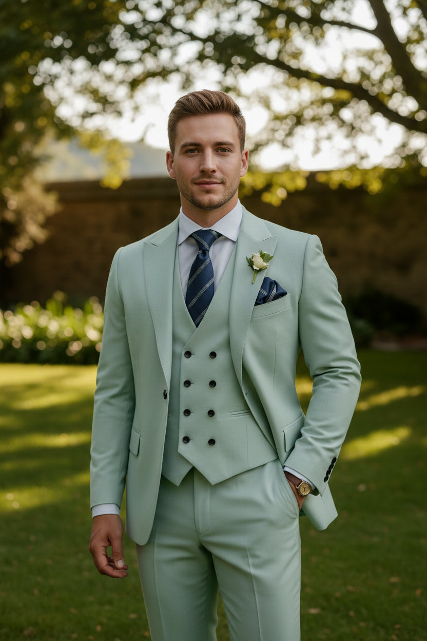 Light green suit with a tie and pocket square on a white background