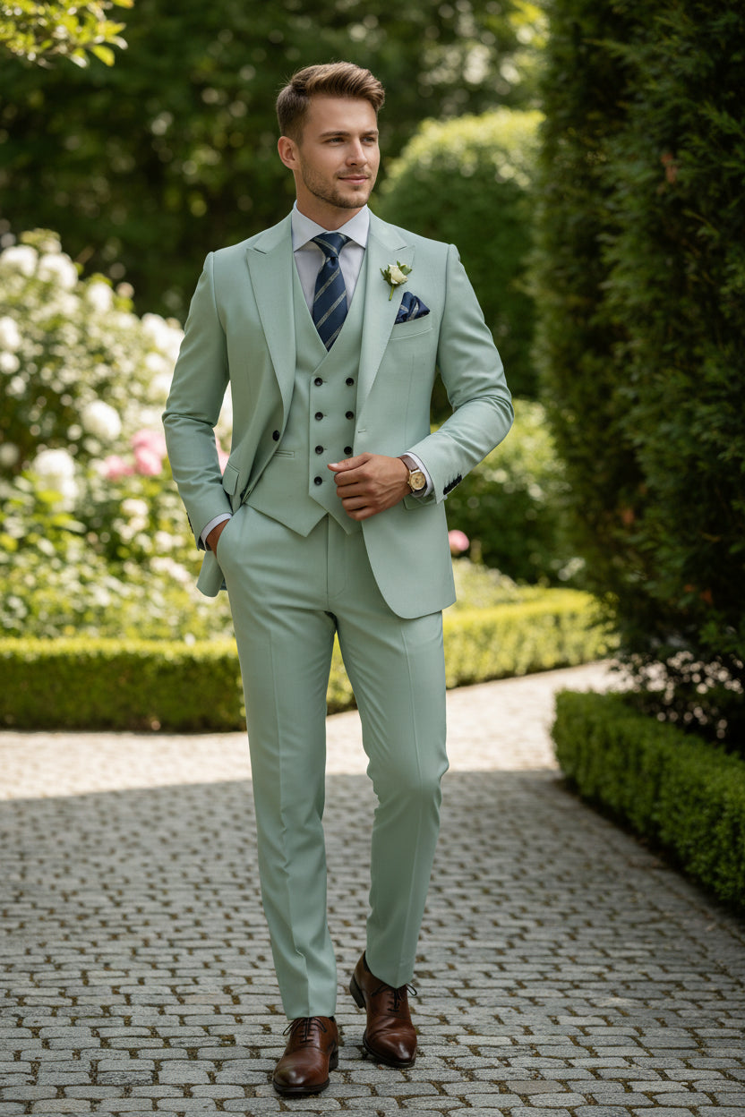 Light green suit with a tie and pocket square on a white background