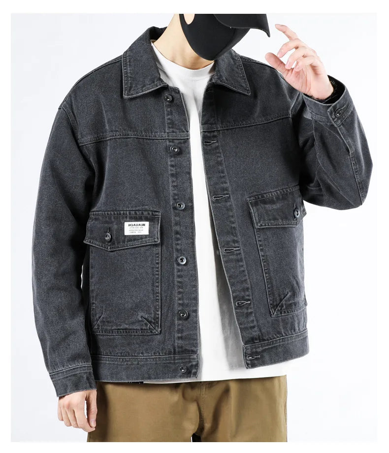 Spring and Autumn 2025 new men's loose and trendy denim jackets, pure cotton men's fashionable workwear jackets size S-4XL