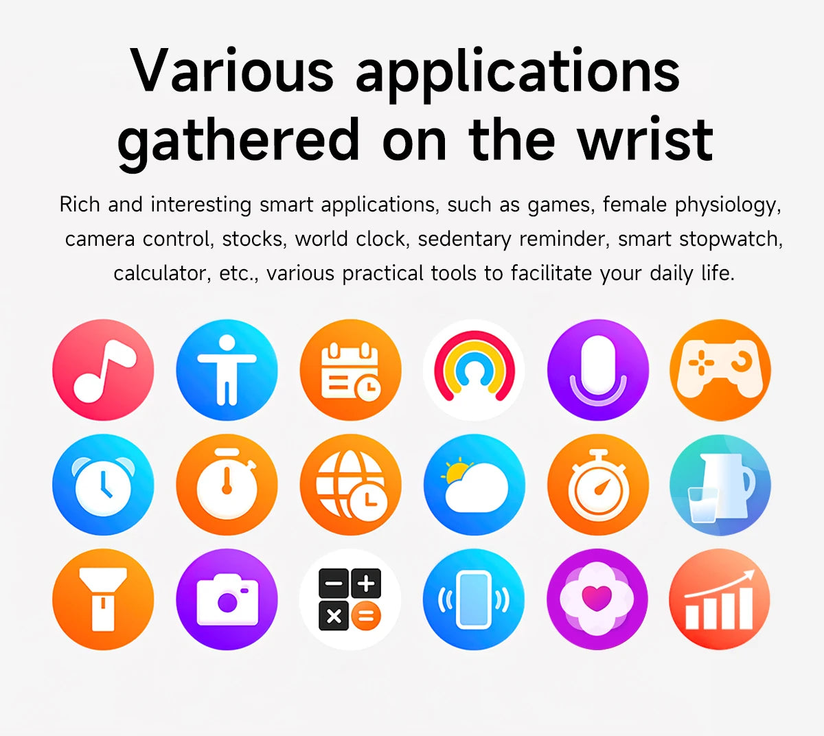Collection of colorful app icons on a white background with text about smart applications.