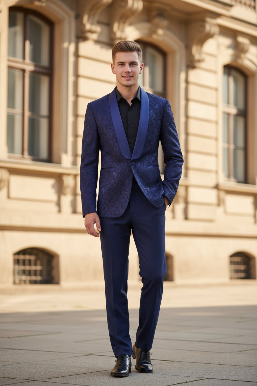 Blue patterned blazer shown from front and back on a white background