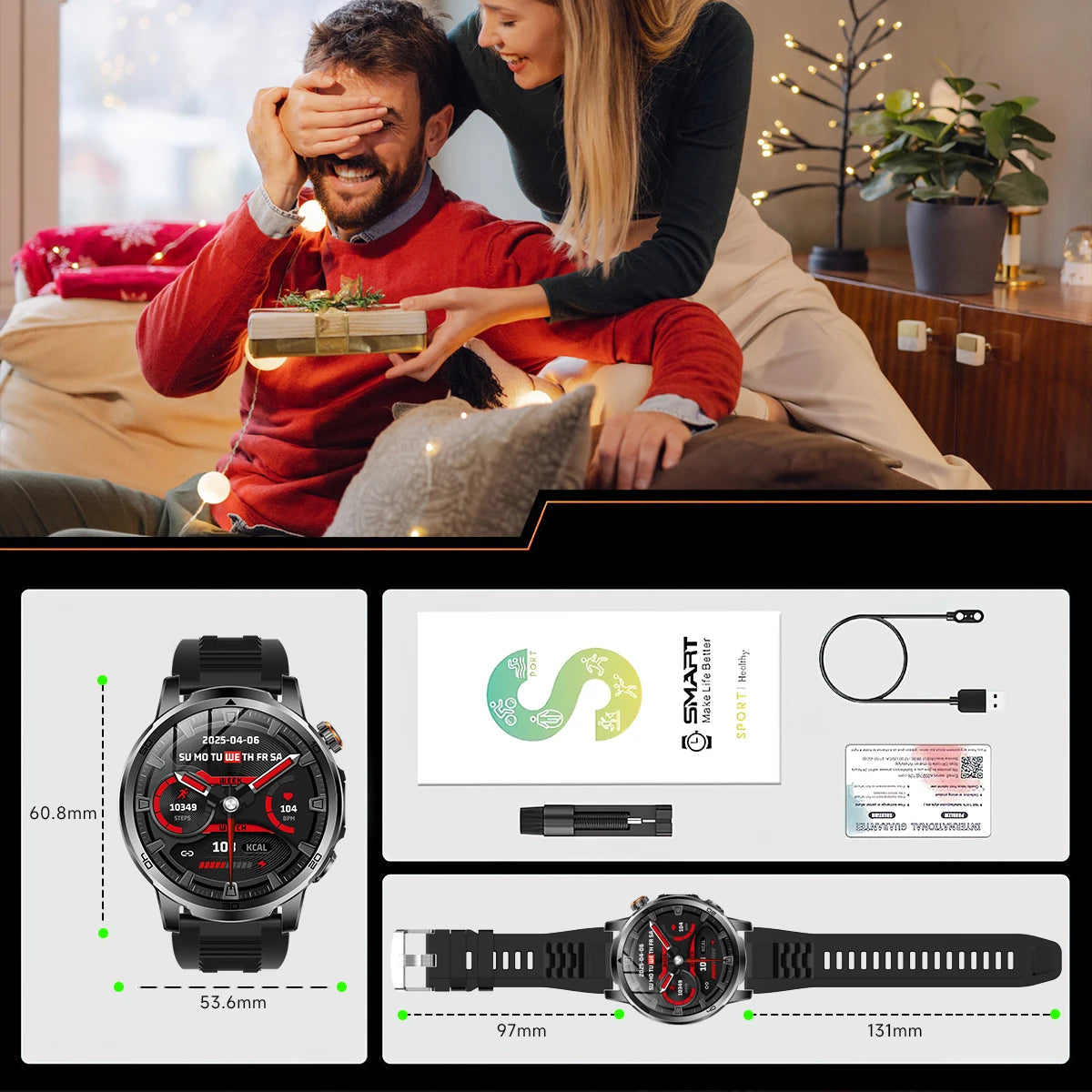 Man and woman sitting on a couch with a gift, followed by product details of a smartwatch including dimensions and packaging.