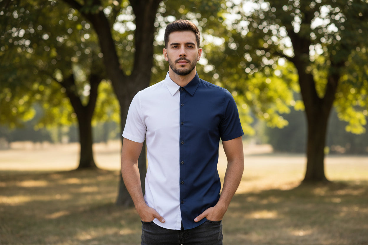 Two-tone white and navy shirt with buttons on a white background