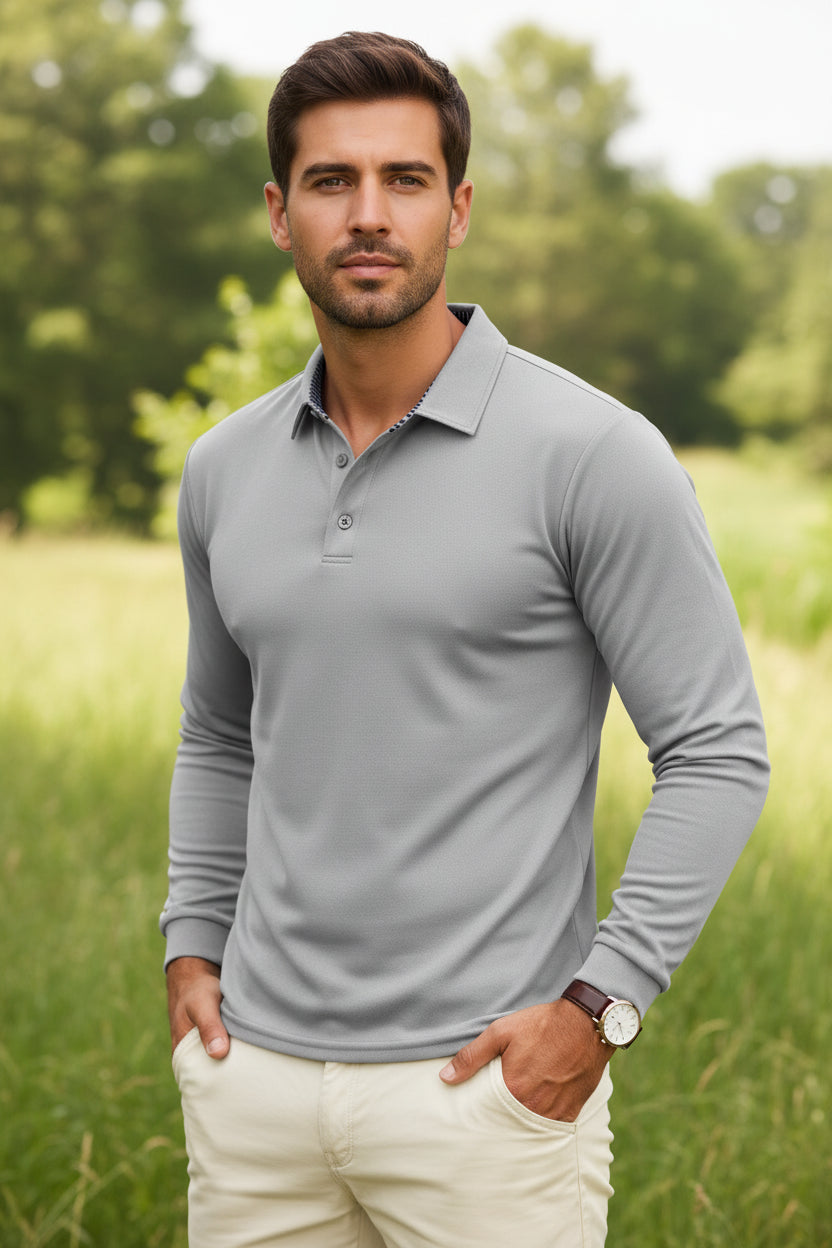 Gray long-sleeve polo shirt worn by a person on a white background