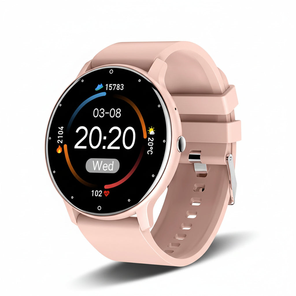 Smartwatch with a pink strap on a white background, featuring text about fast shipping.