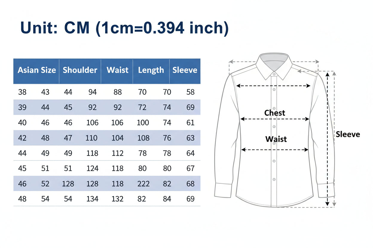 Size chart for shirts with measurements in centimeters, including a diagram of shirt dimensions.