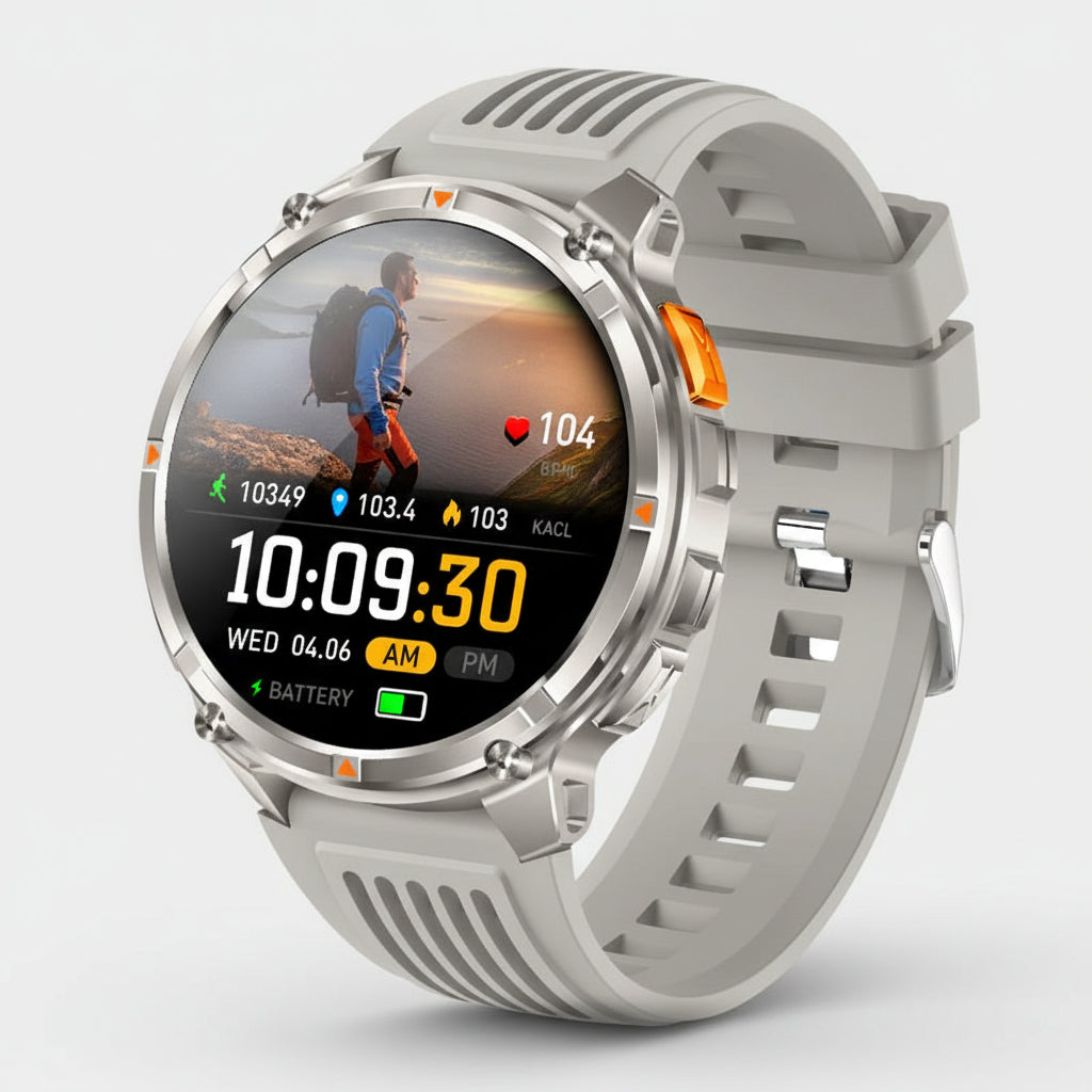 Smartwatch with features highlighted on a dark background