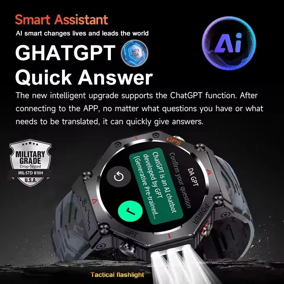 Smartwatch with a digital display showing text, set against a dark background with promotional text about a smart assistant and AI technology.