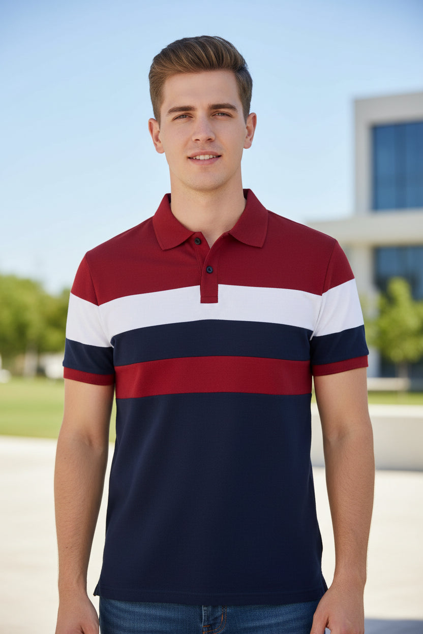 Striped polo shirt with red, white, and navy colors on a white background