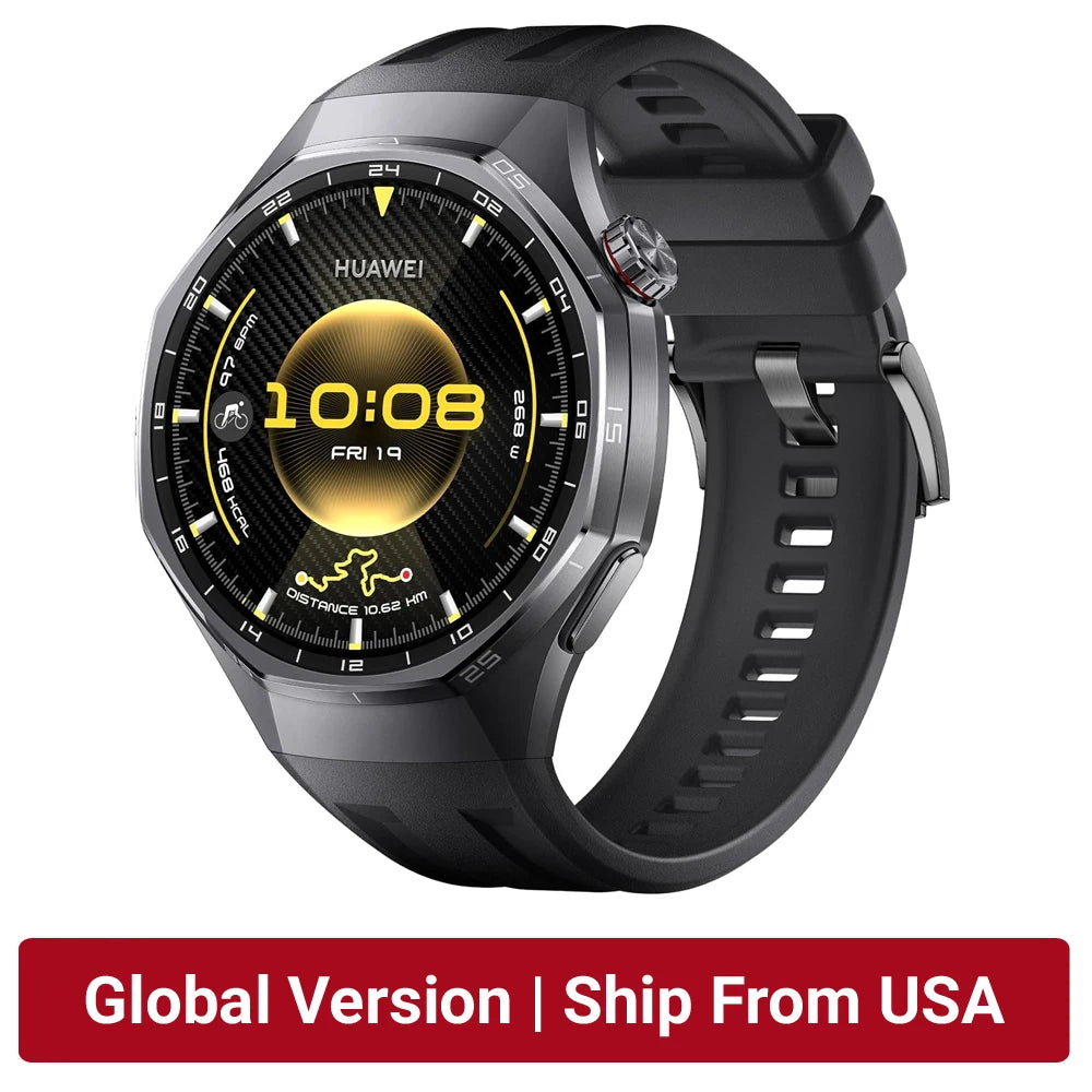 Smartwatch with a black strap on a white background, featuring the Huawei brand.