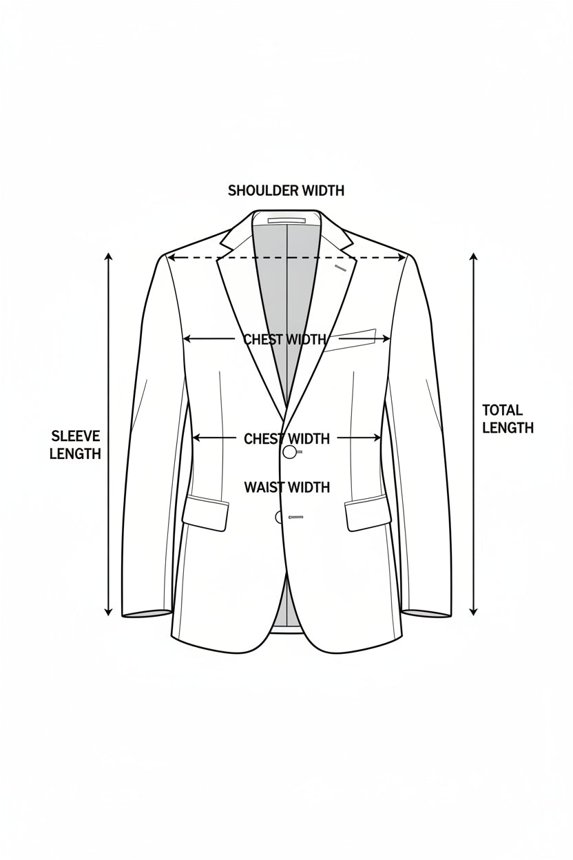 Diagram of a suit jacket with measurements labeled for size, chest, waist, and length.