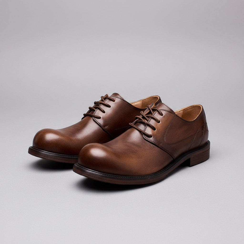 Pair of brown leather shoes on a wooden surface with vintage tools and a suitcase in the background.