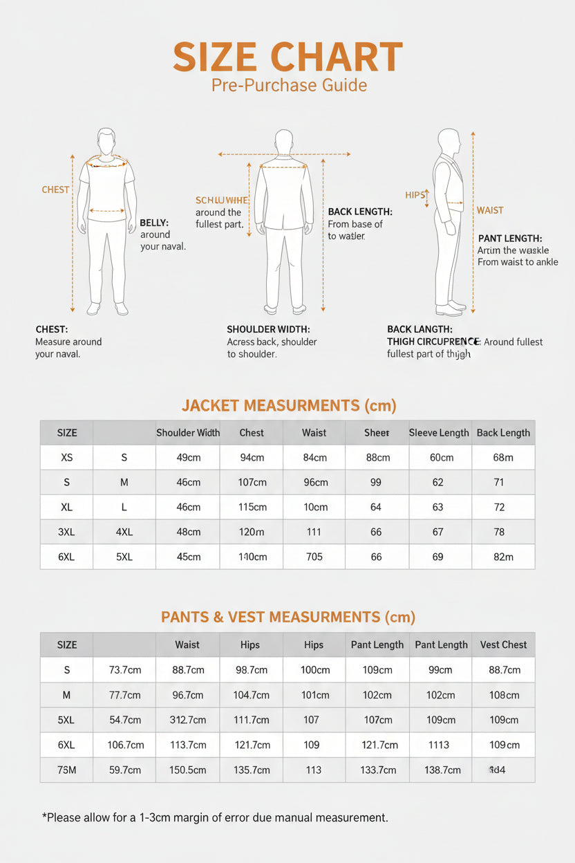 Size chart for clothing measurements with mannequins and measurements labeled.