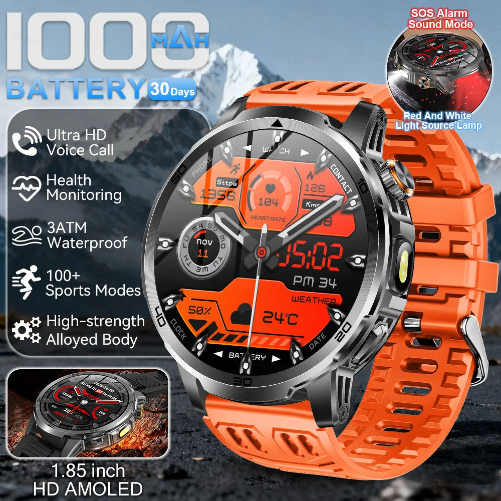 Orange smartwatch with features highlighted on a mountainous background