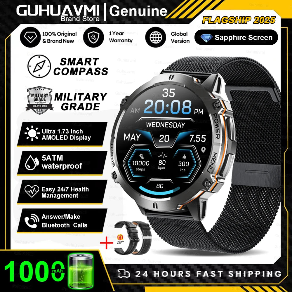 Smartwatch with features highlighted on a promotional graphic for GUHUAVMI brand.