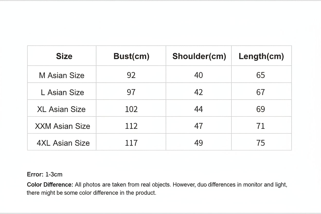 Measurement chart for clothing sizes with bust, shoulder, and length dimensions.