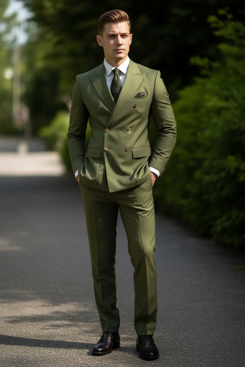 Green suit with a patterned tie and pocket square against a blurred outdoor background