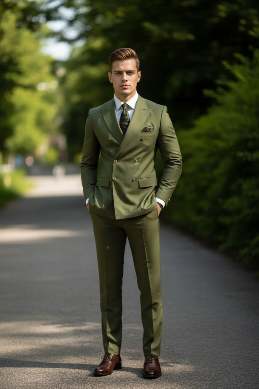 Green suit with a patterned tie and pocket square against a blurred outdoor background