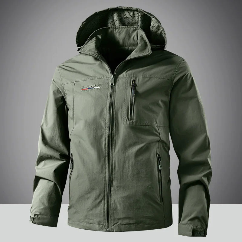 Mens Waterproof Jacket Outdood Hiking Cycling Hooded Windbreaker Multi-Pocket Camping Sportswear Windproof Workwear Coat for Men