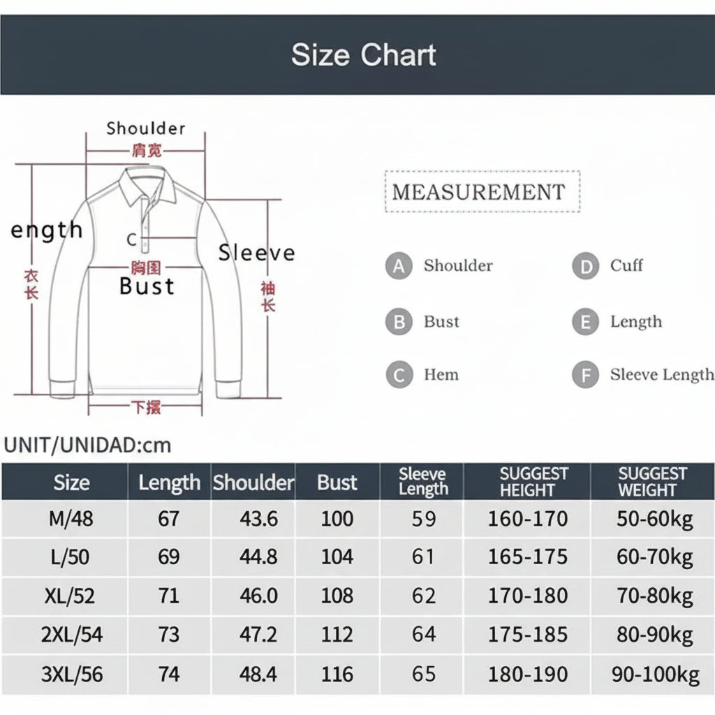 Size chart for a long-sleeve shirt with measurements and suggested weight.