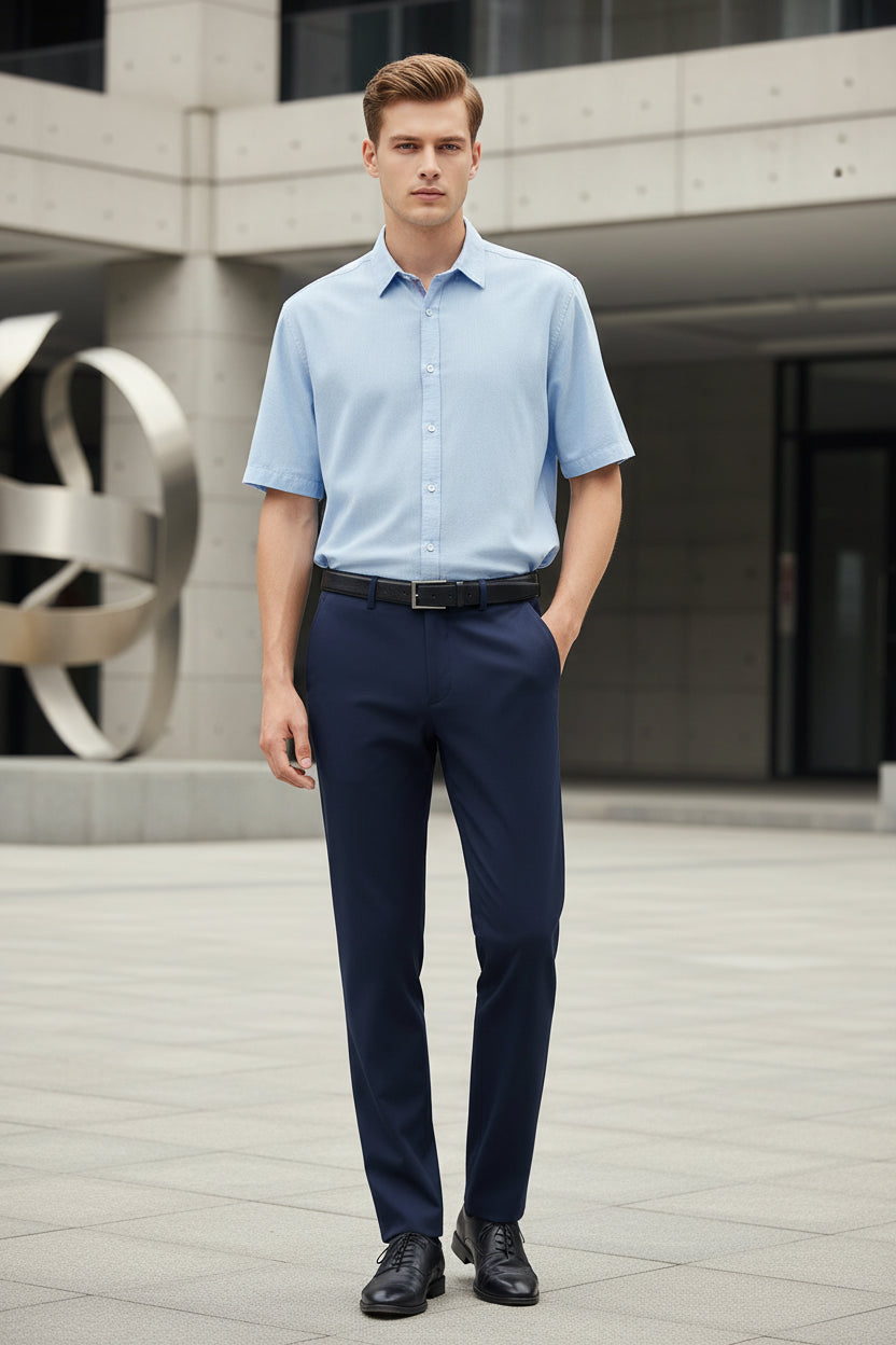 Navy blue pants with a black belt on a white background