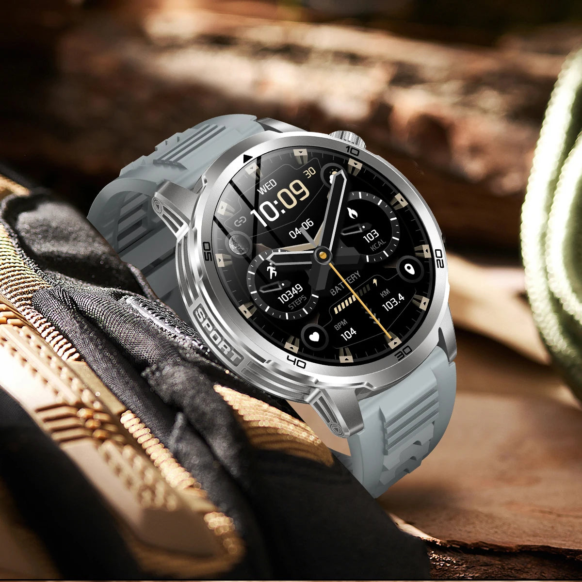 Smartwatch with a black display and silver case on a textured surface