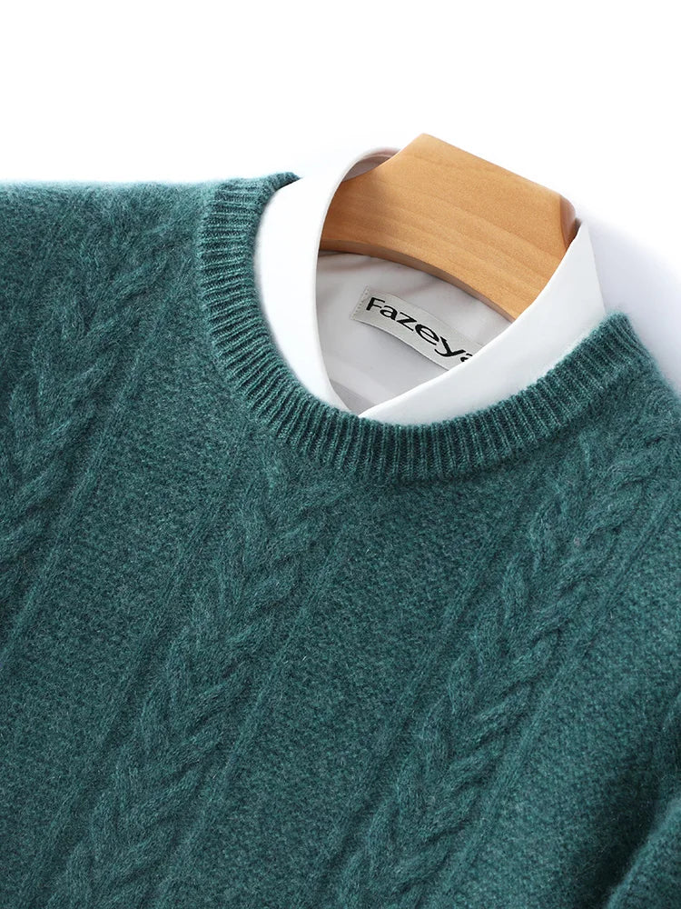 100% Merino Wool Sweater Men's Round Neck Thickened Tops Autumn Winter New Soft Warm Casual Solid Color Knitted Pullover