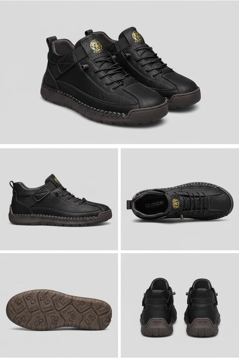 Black leather shoes with visible brand logo on a white background