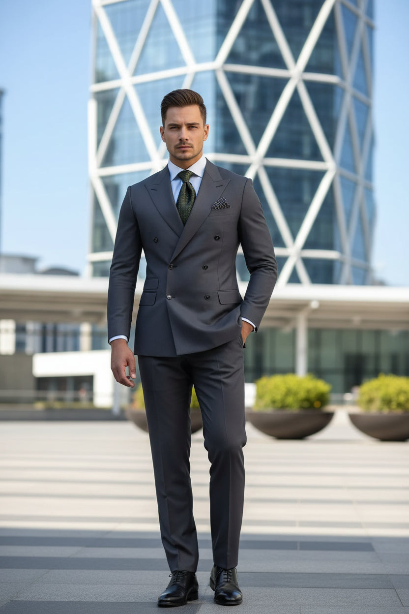 Gray suit with a patterned tie and pocket square on a blurred background