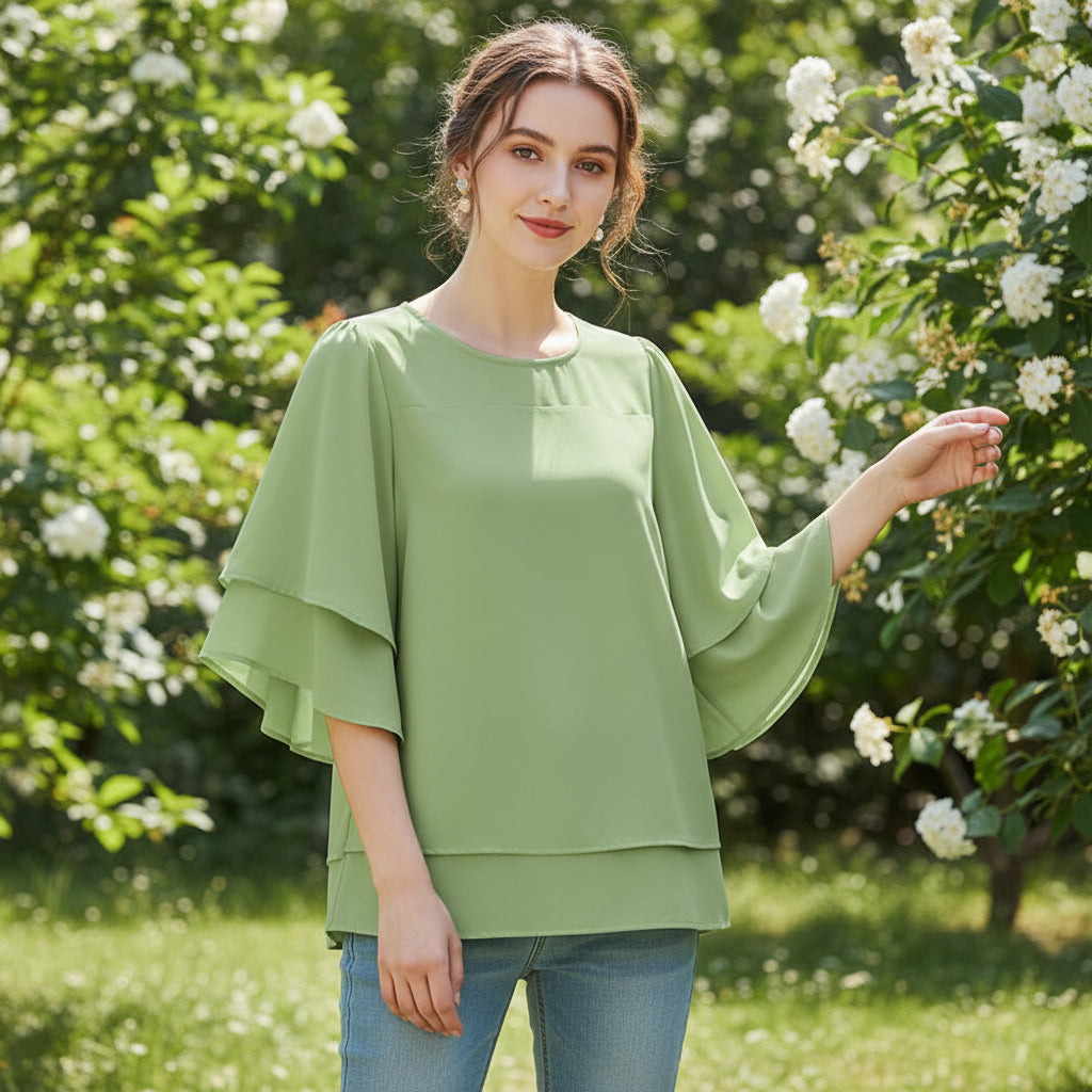 Light green blouse on a hanger against a white background