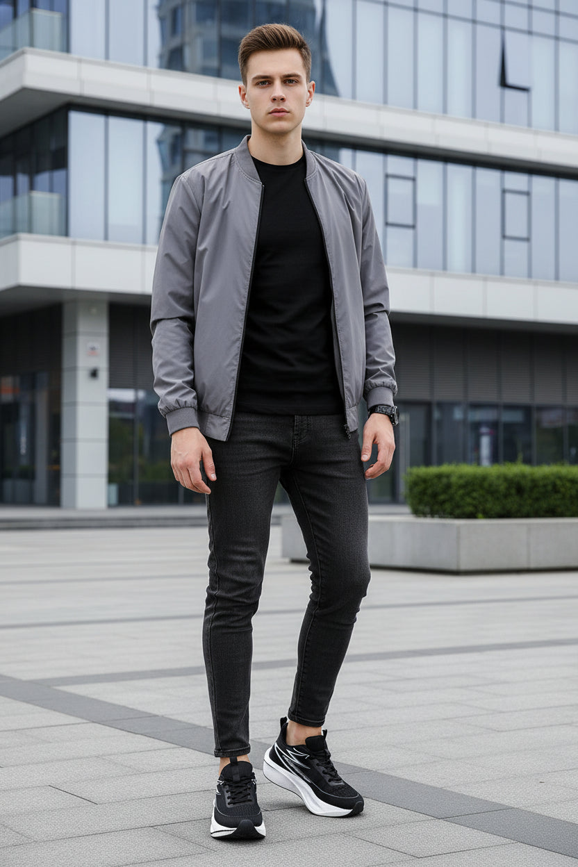 Black and white running shoes on a person's feet outdoors.