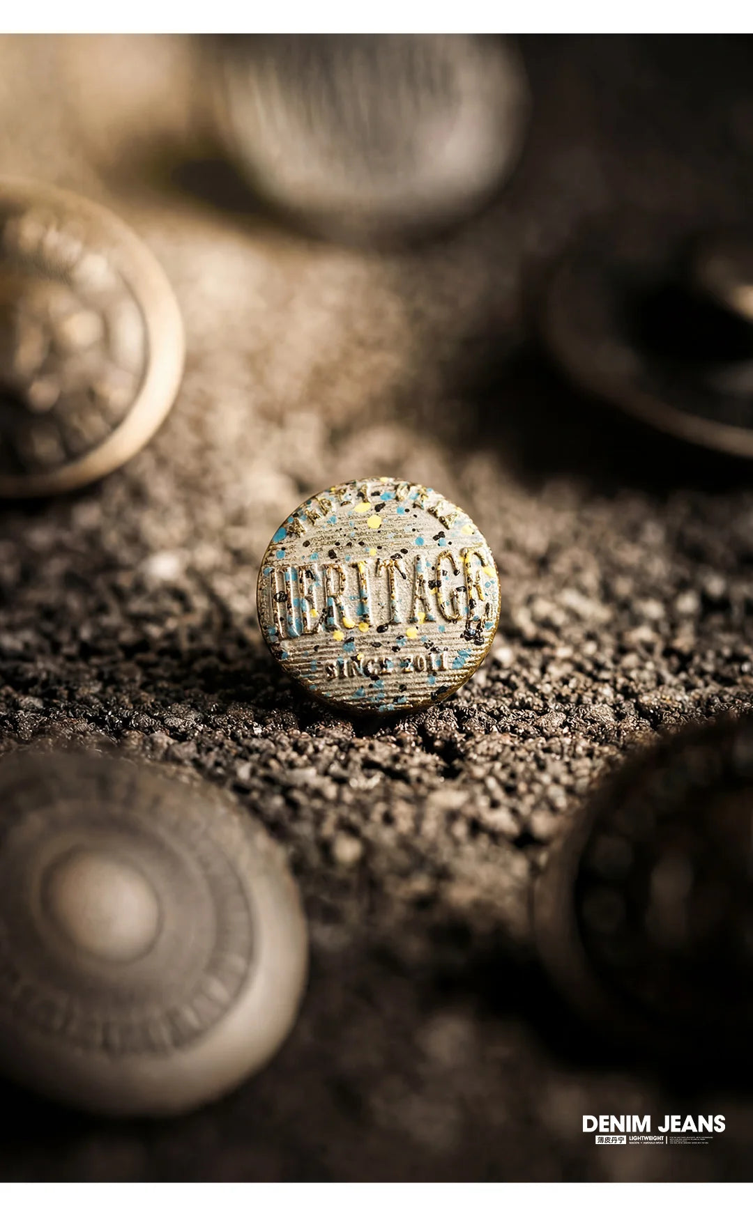 Close-up of a decorative button with 'Harrington' branding on a textured surface.