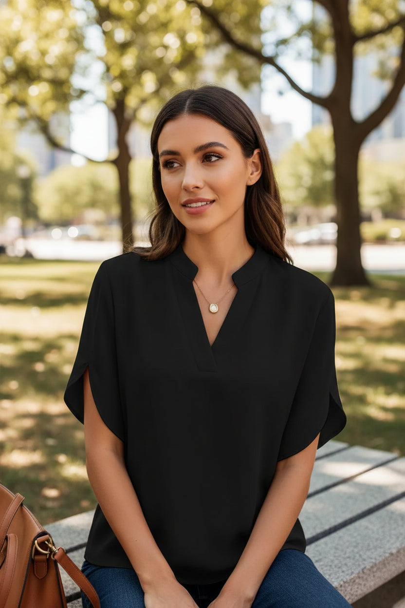 Black blouse worn by a person with a neutral background