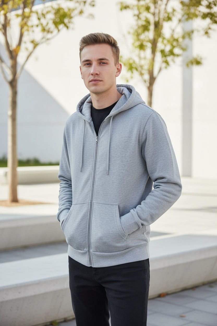 Gray hoodie with a zipper on a white background