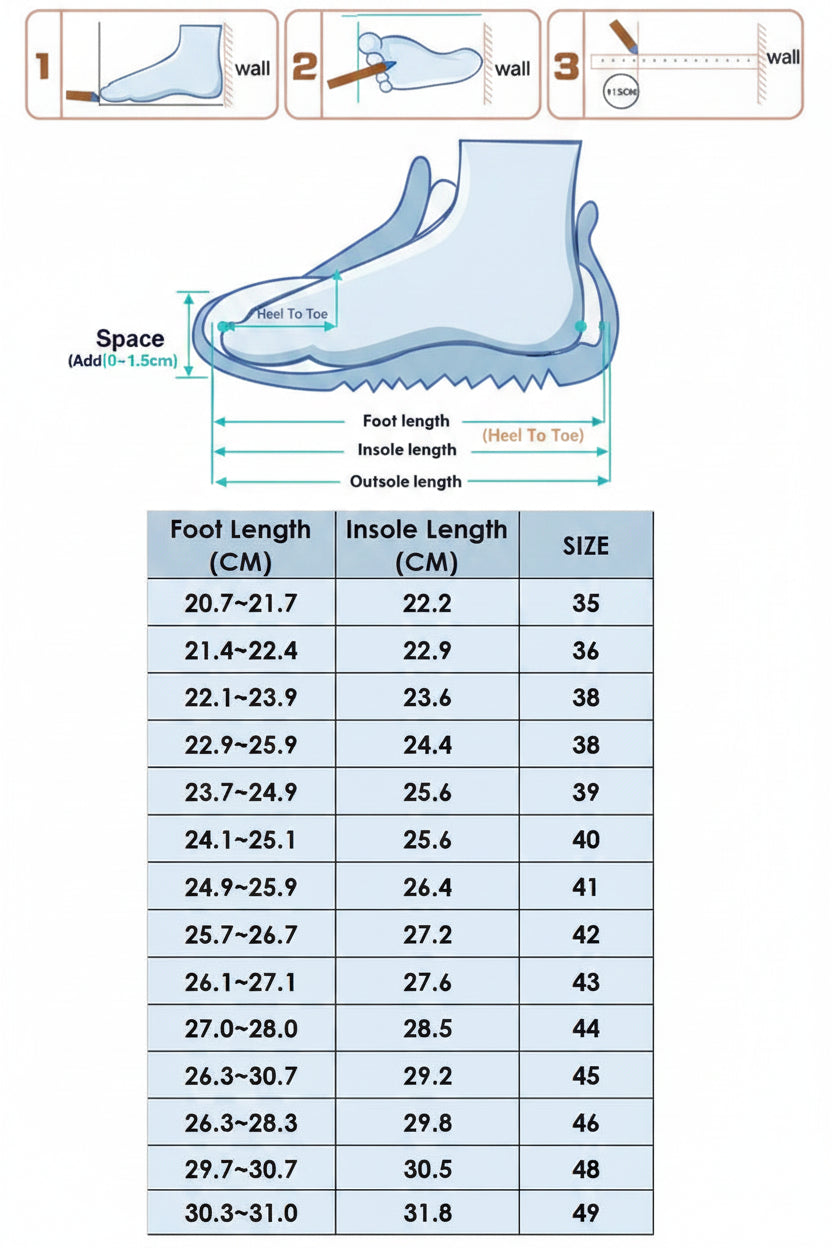 Foot measurement chart with foot and insole illustrations and a table for converting foot length to insole length.